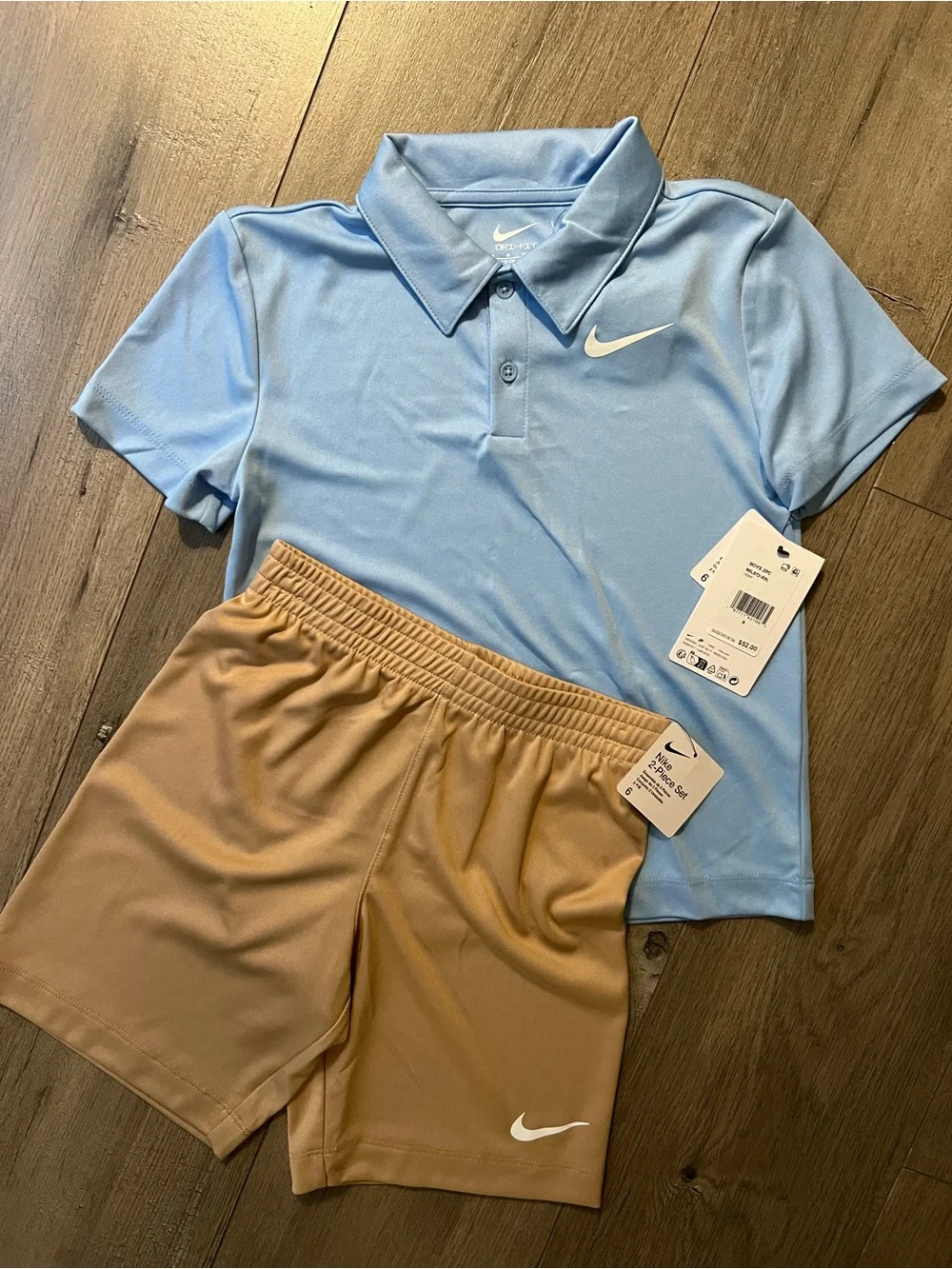 Nike Light Blue Polo Top with Tan Athletic Shorts Set